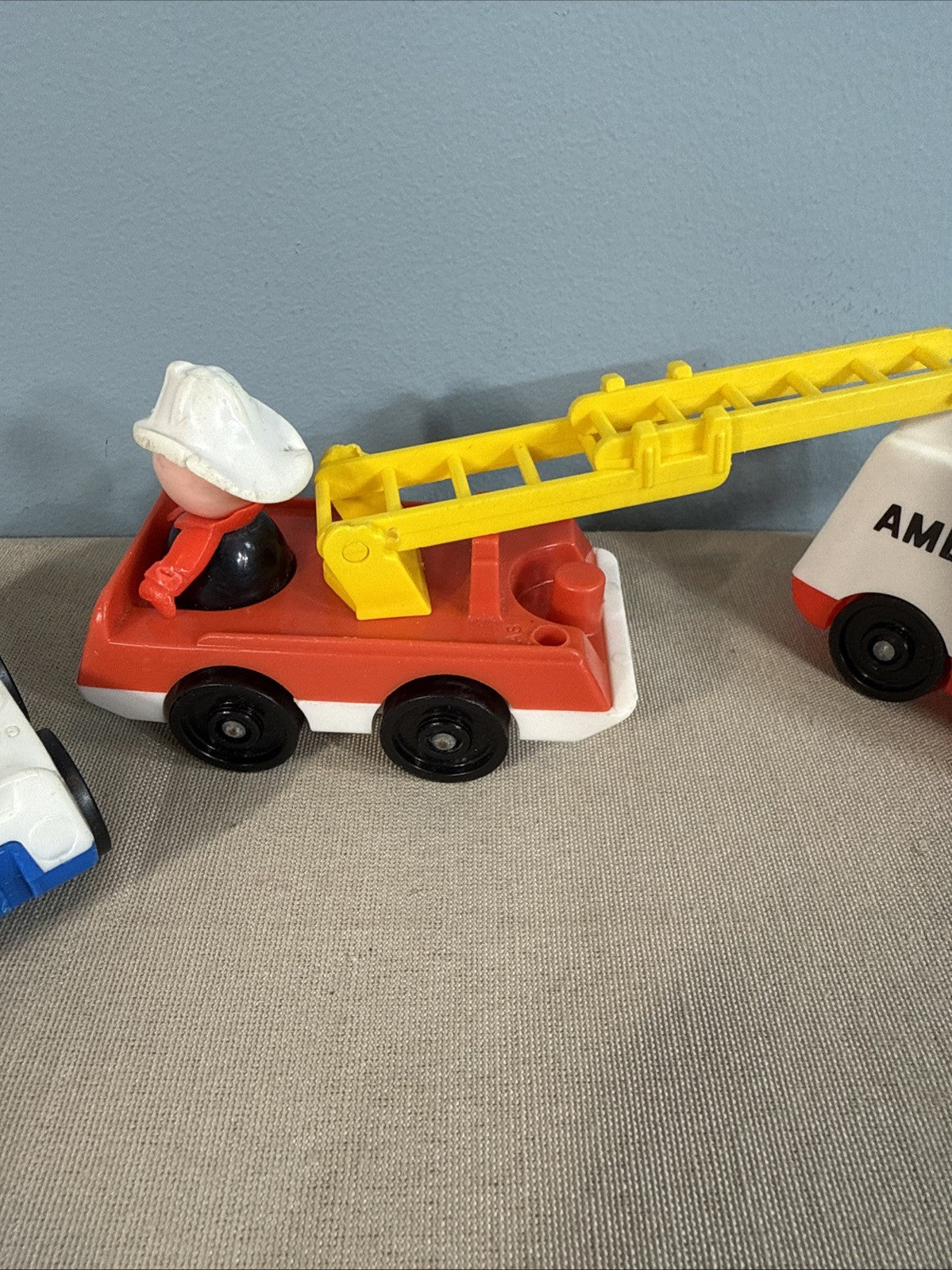 Vintage Fisher Price Little People Fire Trucks Ambulance Mail Truck + 3 Figures
