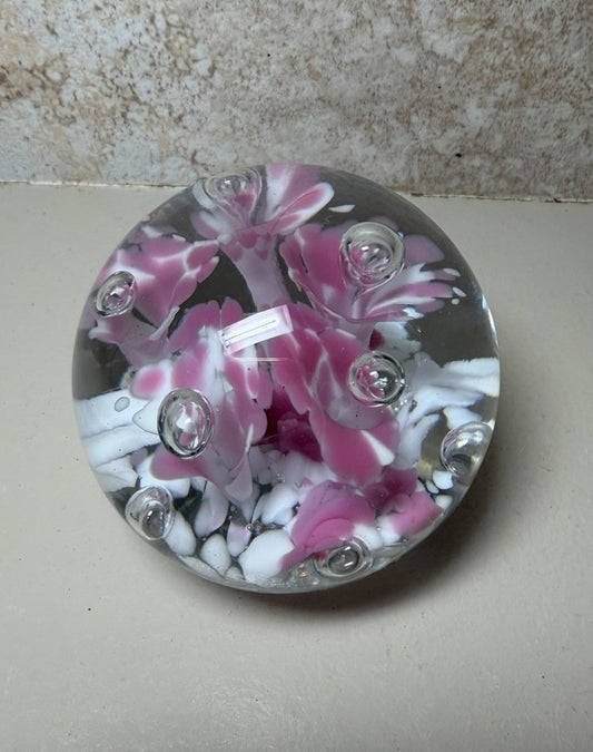 Vintage LG Wright Pink White Floral Art Glass Paperweight Controlled Bubble Art