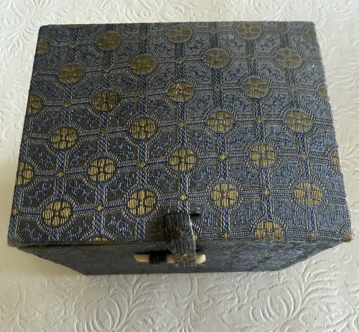 Vintage Blue Gold Brocade Fabric Storage Box Bone Latch Red Silk Interior