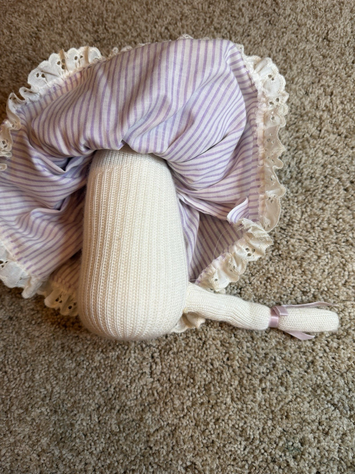Vintage Handmade Knit Cat Doll Plush Purple Dress Bonnet Flowers Stuffed Animal