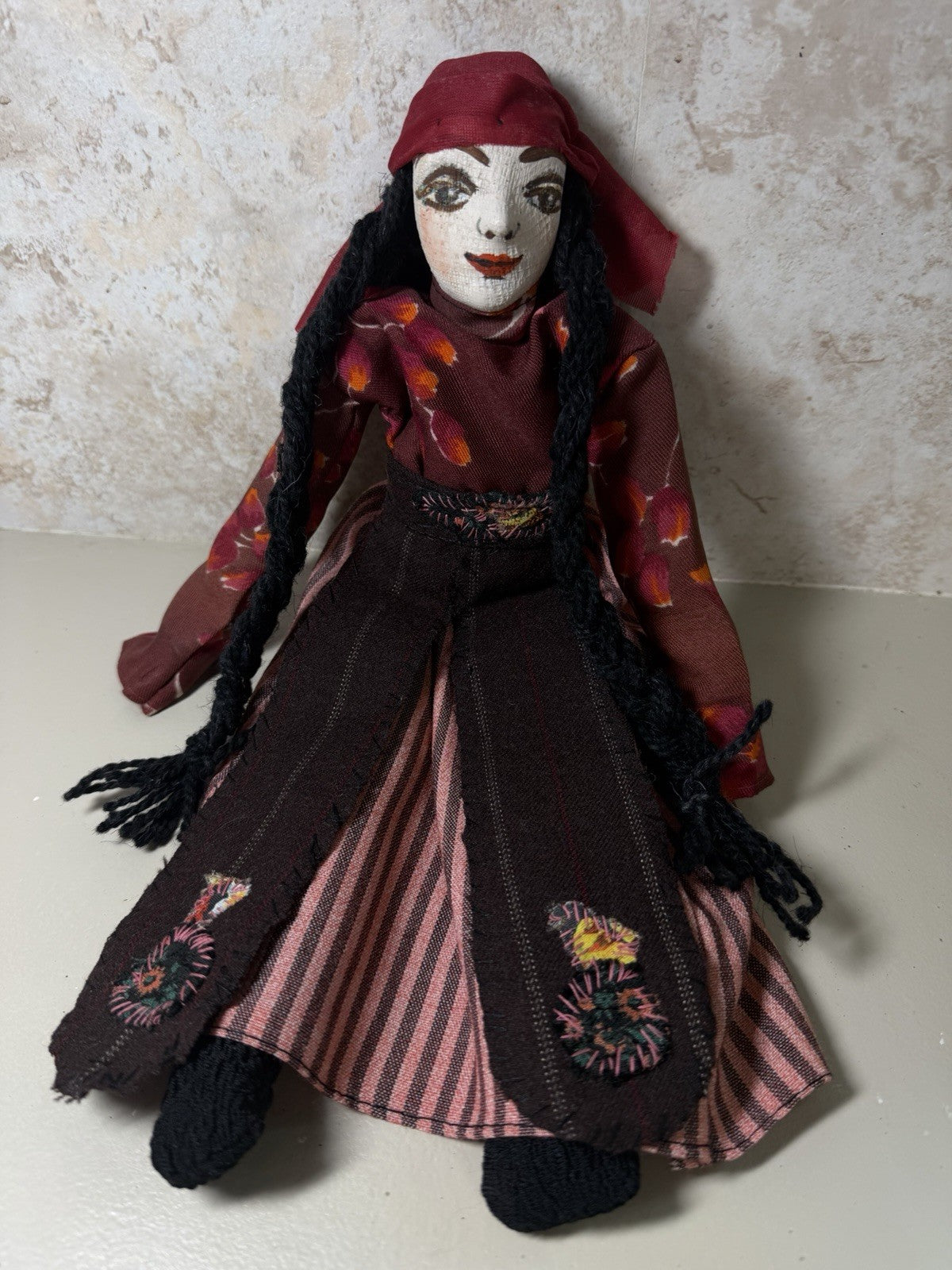 Vintage Handmade Folk Art Cloth Doll Painted Face Braided Yarn Hair Primitive