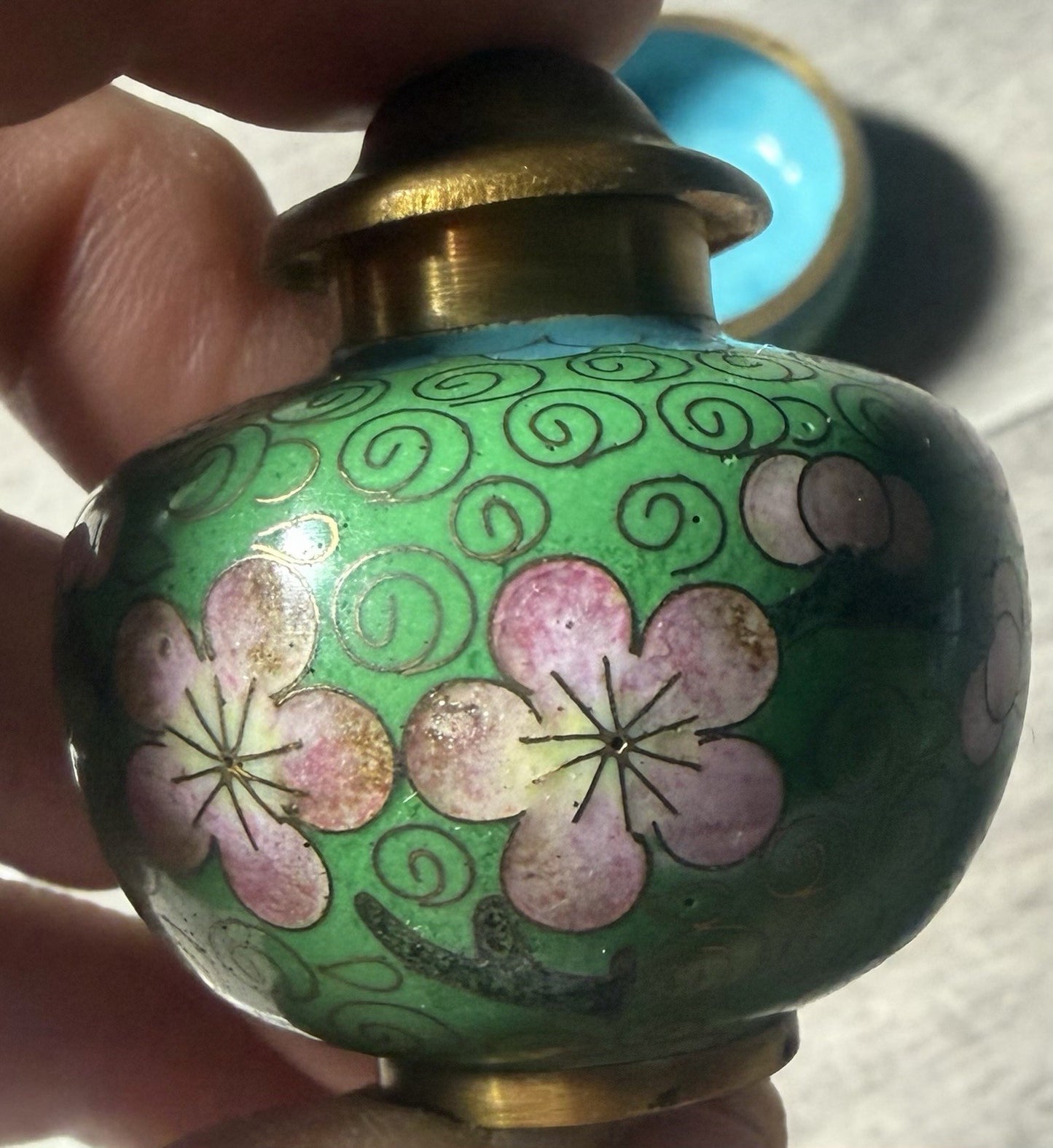 Vintage Cloisonne Salt Pepper Shakers Floral Enamel Green Pink Set