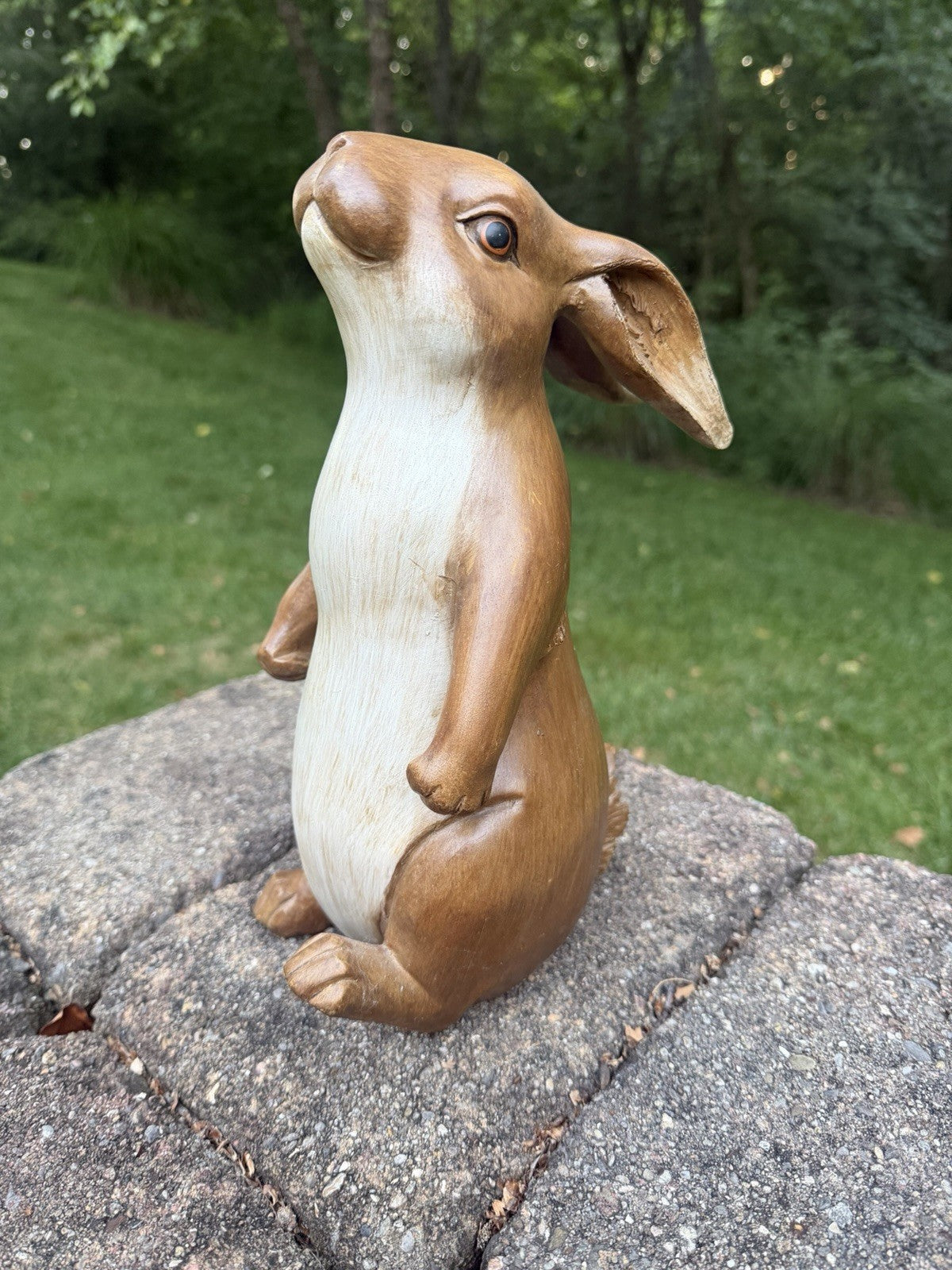 Vintage Faux Wood Carved Rabbit Statue 12.5" Standing Resin Bunny Figurine Eyes