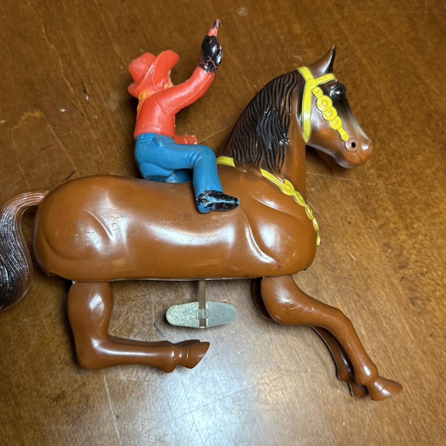 Vintage Wind Up Galloping Western Hero Horse and Rider Toy WORKS