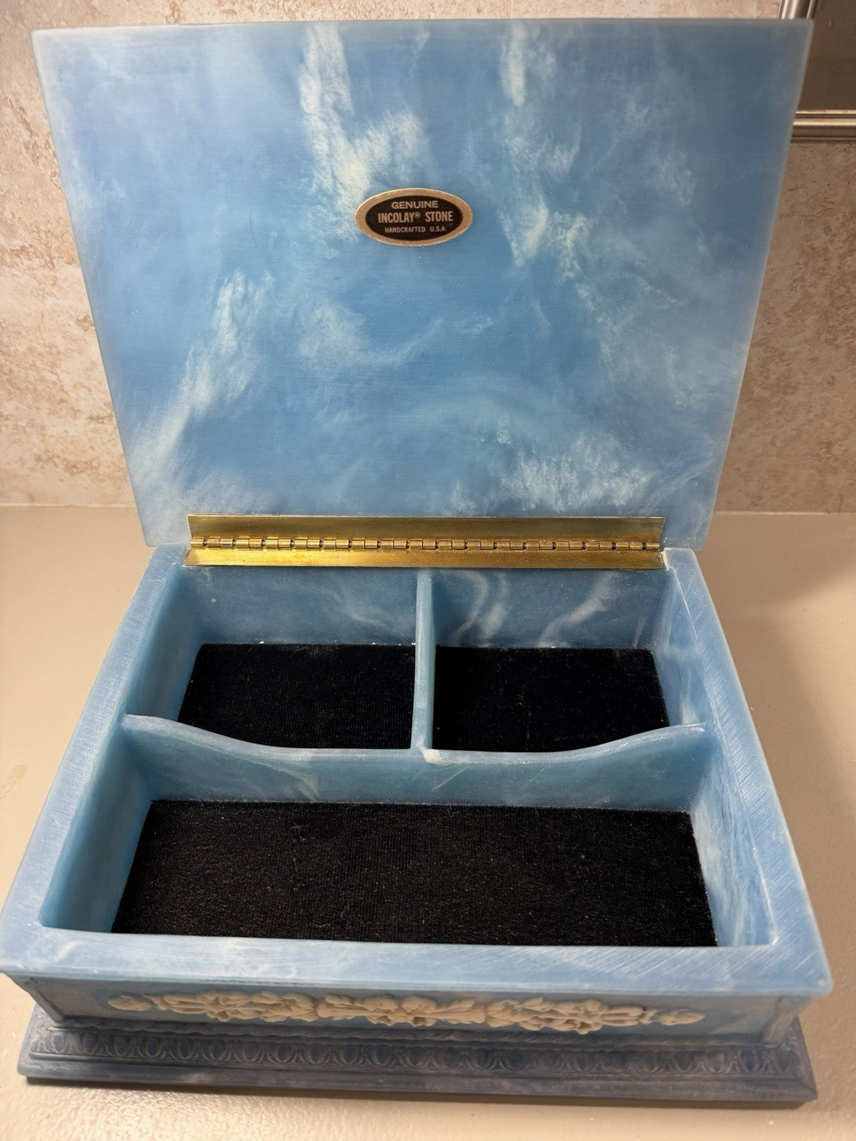Vintage Incolay Stone Nimbus Three Maidens Blue Cameo Jewelry Box 1979