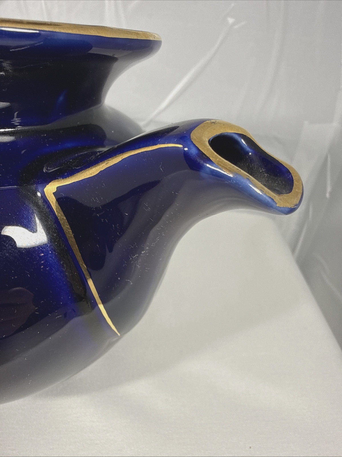 Vintage Hall Blue Ceramic Teapot Gold Trim Floral Mid Century Style