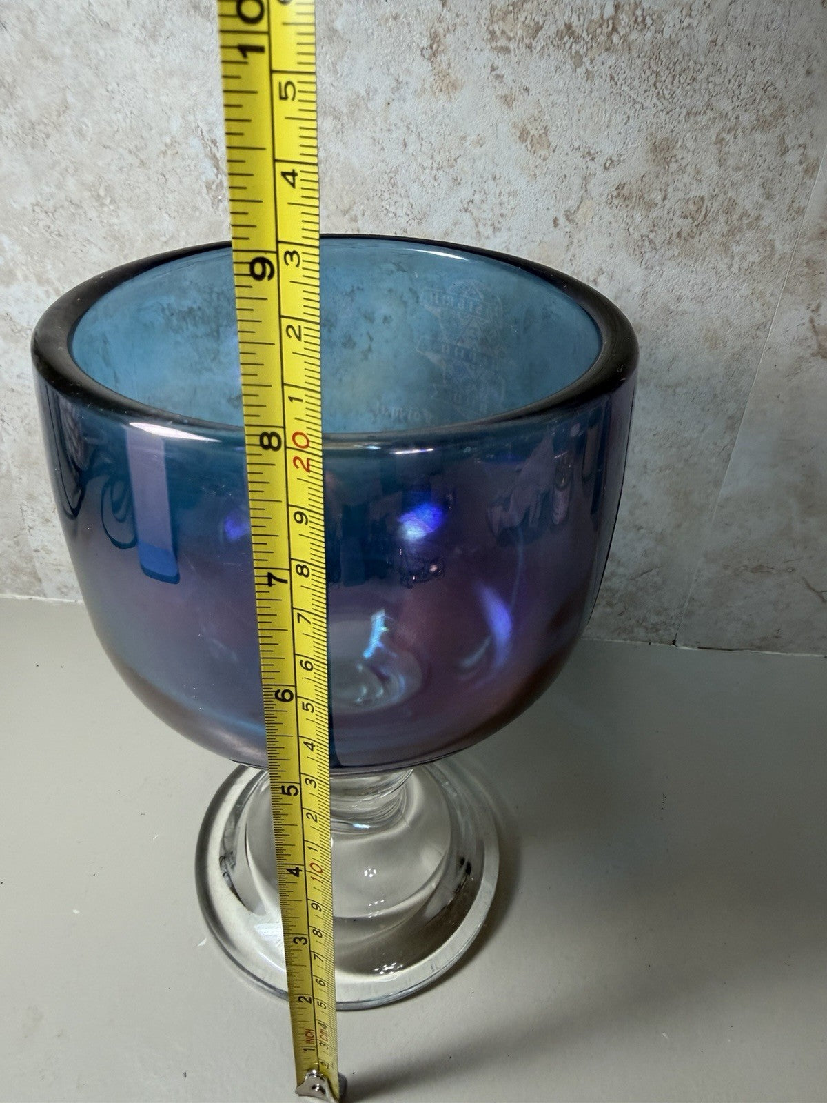 Vintage Sigma Alpha Rho Sorority Iridescent Blue Glass Goblet Chalice 8.5"