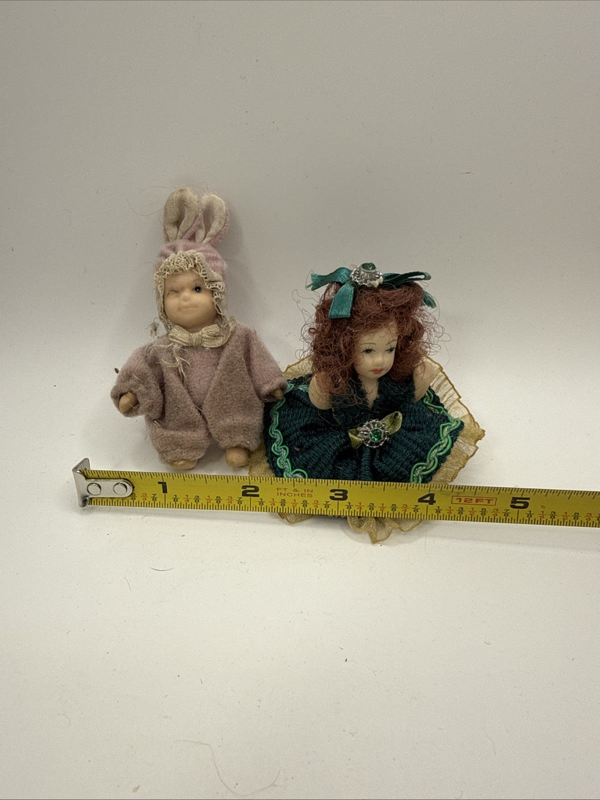 Vintage Porcelain Doll Figurines Lot of 2 Bunny Outfit Emerald Green Lilac 2"