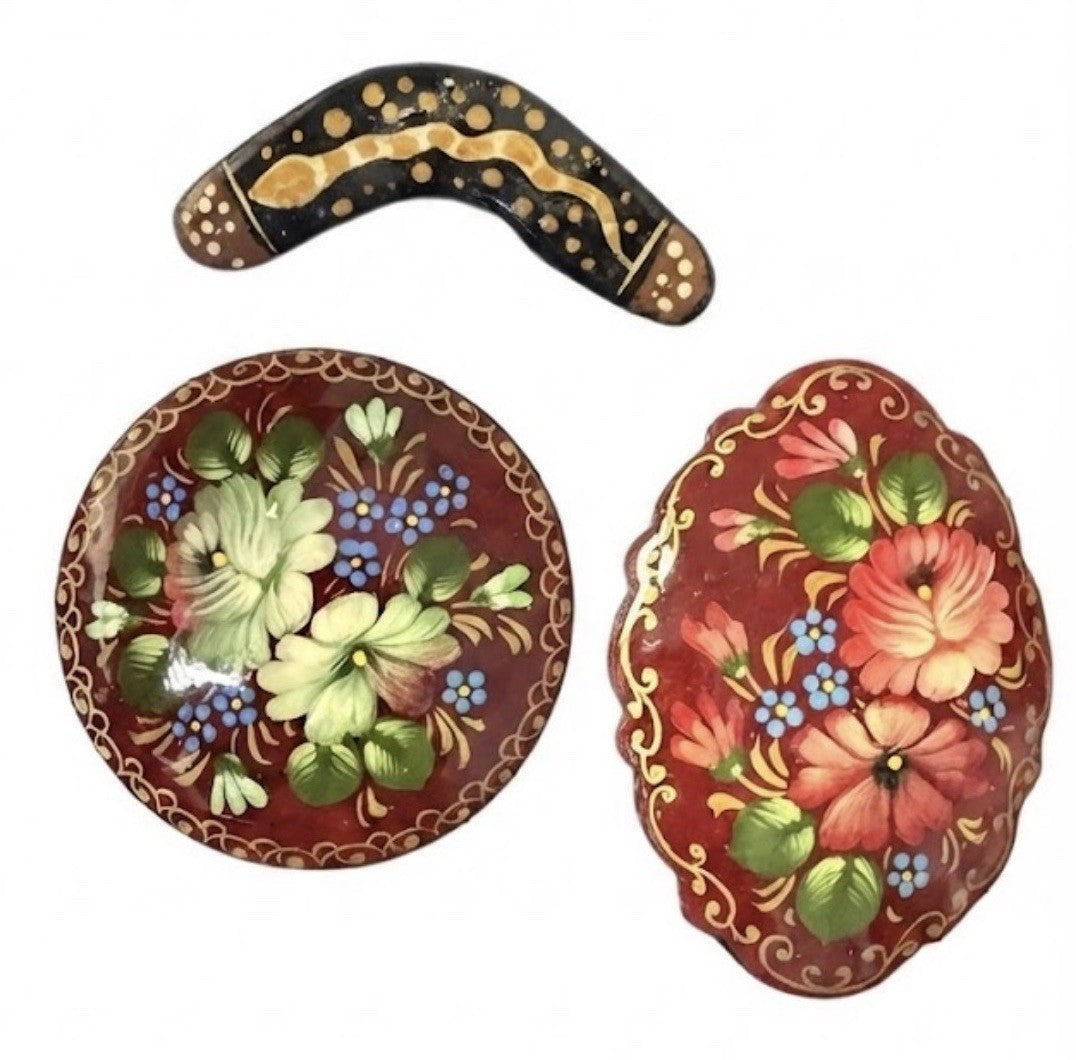 Vintage Russian Hand Painted Lacquer Floral Brooches Signed Boomerang Snake Pin