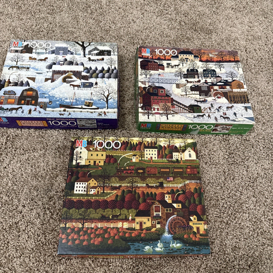 Vintage Charles Wysocki Puzzle Lot 3 Milton Bradley 1000 Piece Americana 1980-90
