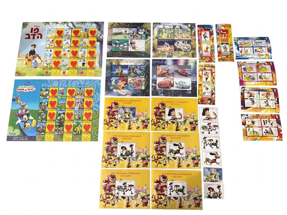 Disney Pixar Stamp Sheet Lot Toy Story Cars Israel Pooh Mickey Congo Mali MNH