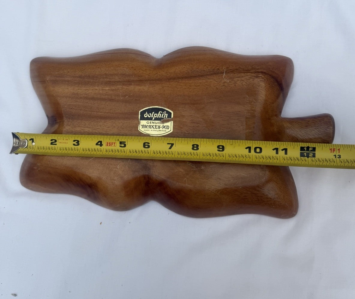 Vintage Monkey Pod Wood Dolphin Divided Leaf Tray Mid Century Tiki