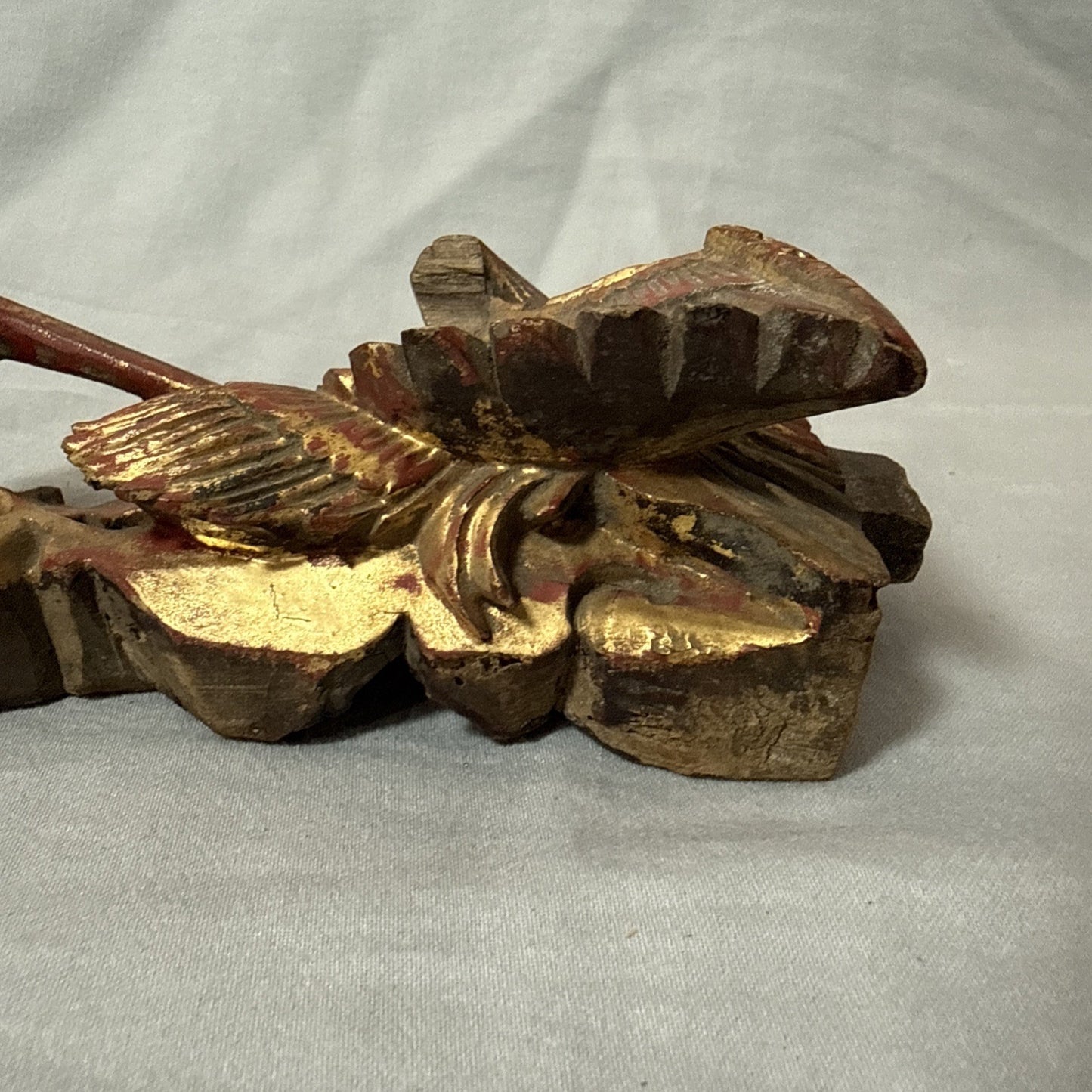 Antique Chinese Qing Dynasty Wood Temple  Red & Gilt Panel Dragon Fragment 7”x3”