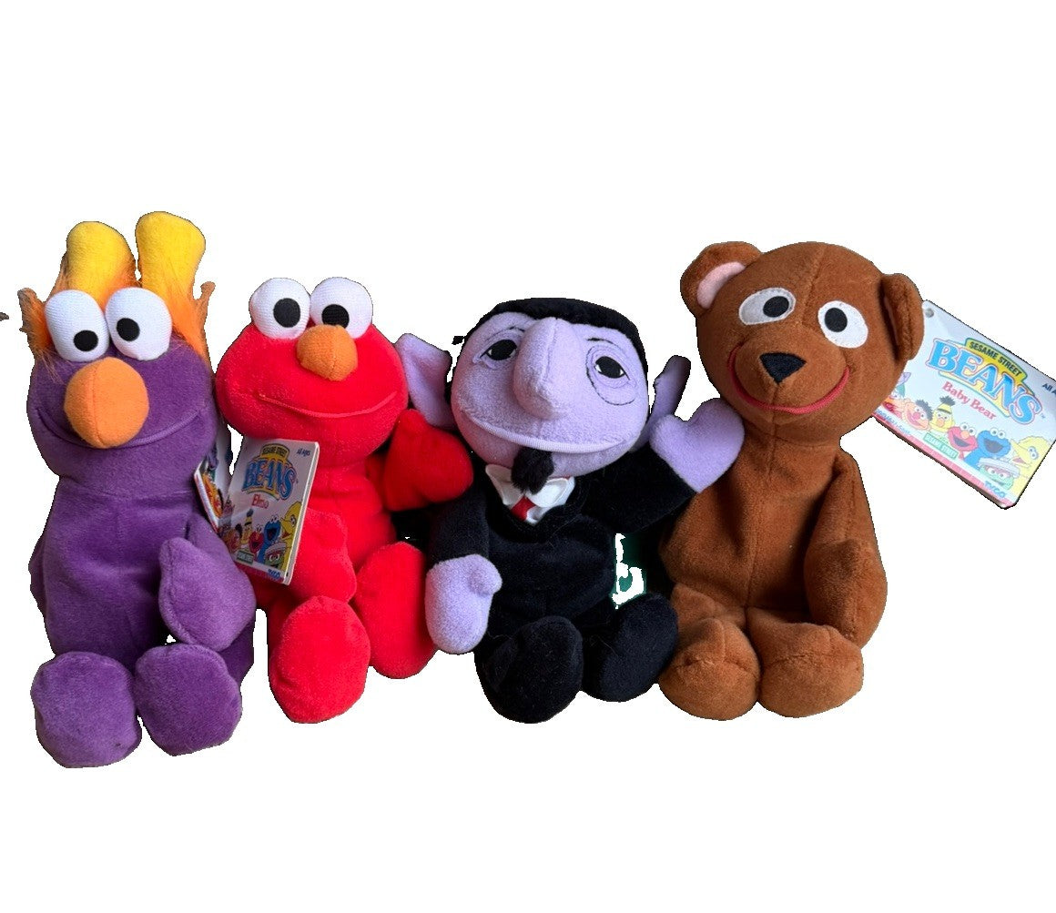 Vintage 1997 Sesame Street Beans Plush Lot 4 Elmo Count Baby Bear Tyco NWT