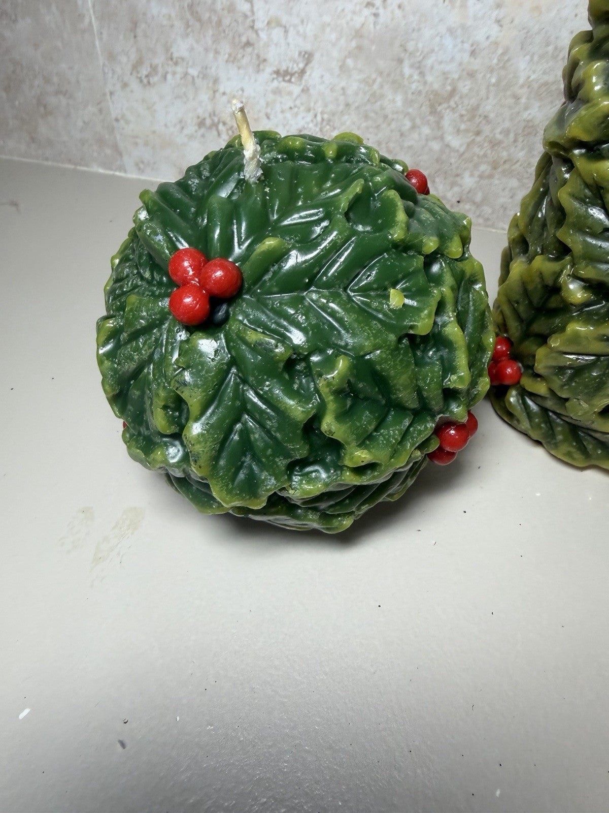 Vintage Italian Holly & Berry Christmas Candle Set Pillar and Two Spheres