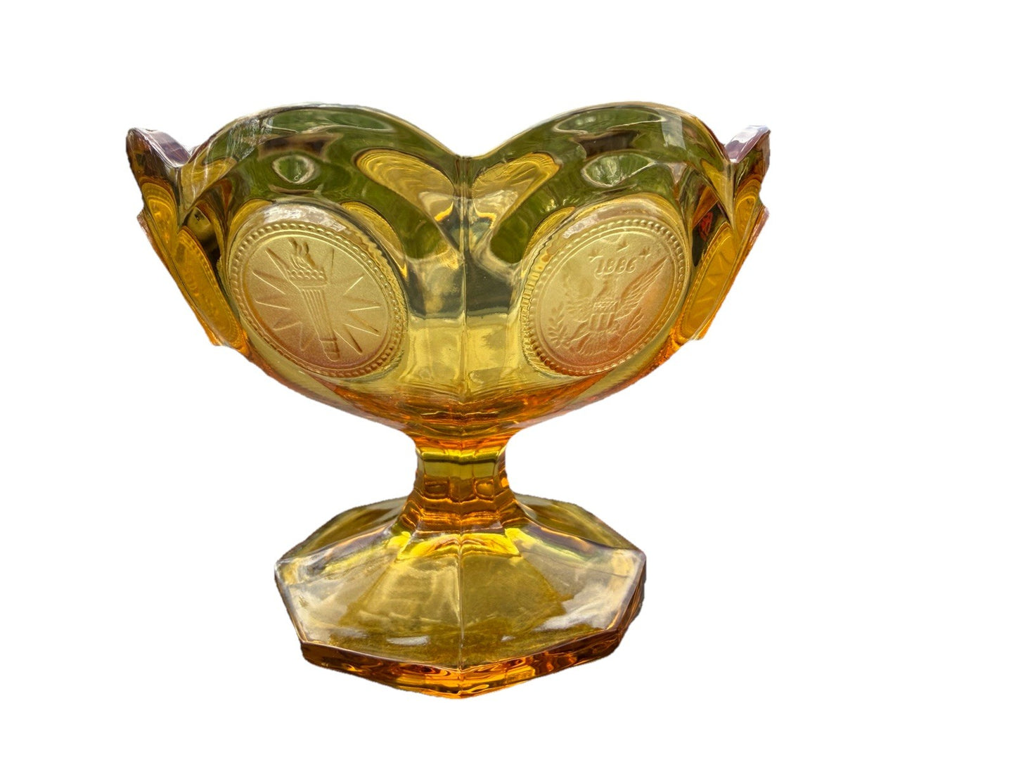 Vintage 4" tall Fossoria 1886 American Eagle Star Coin Amber Candy Dish