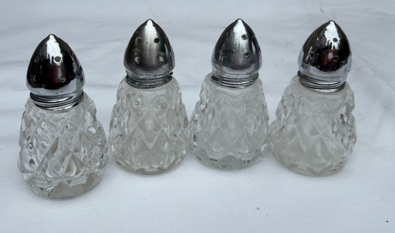 Vintage Mini Lead Crystal Cut Glass Salt Pepper Shakers Lot of 4 Metal Lids