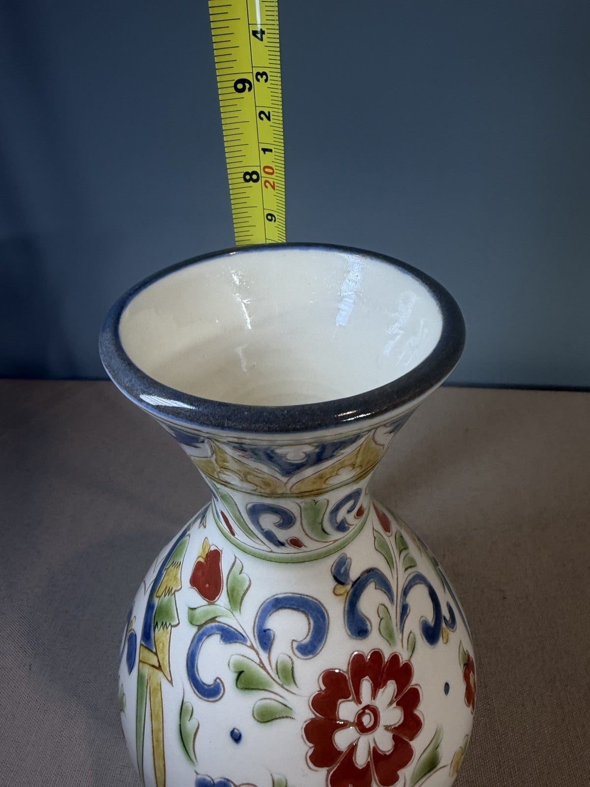 Vintage Talavera Style Hand Painted Ceramic Flower Vase Floral Scroll Folk Art