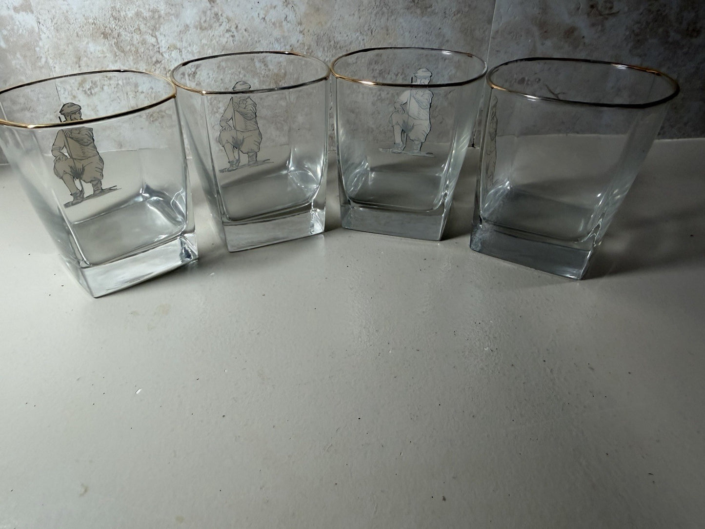 Vintage Golf Lowball Glasses Gold Rim Golfer Rock Whiskey Tumblers MCM Set of 4