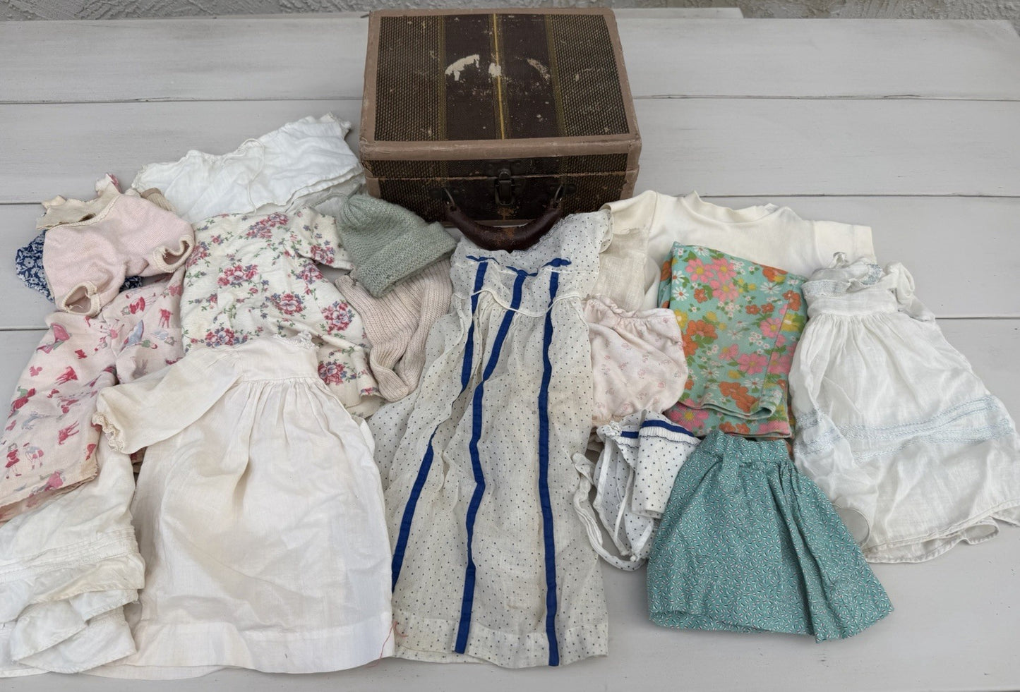 Vintage Doll Suitcase with Vintage Homemade Doll Clothes 23 Pieces