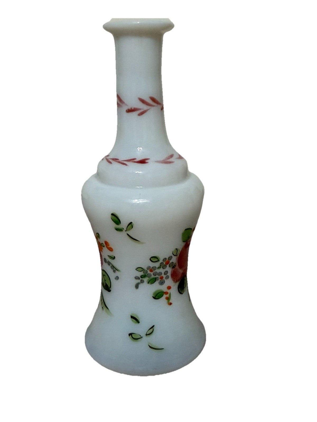 Vintage Milk Glass Perfume Bottle Hand Painted Floral 5" No Stopper