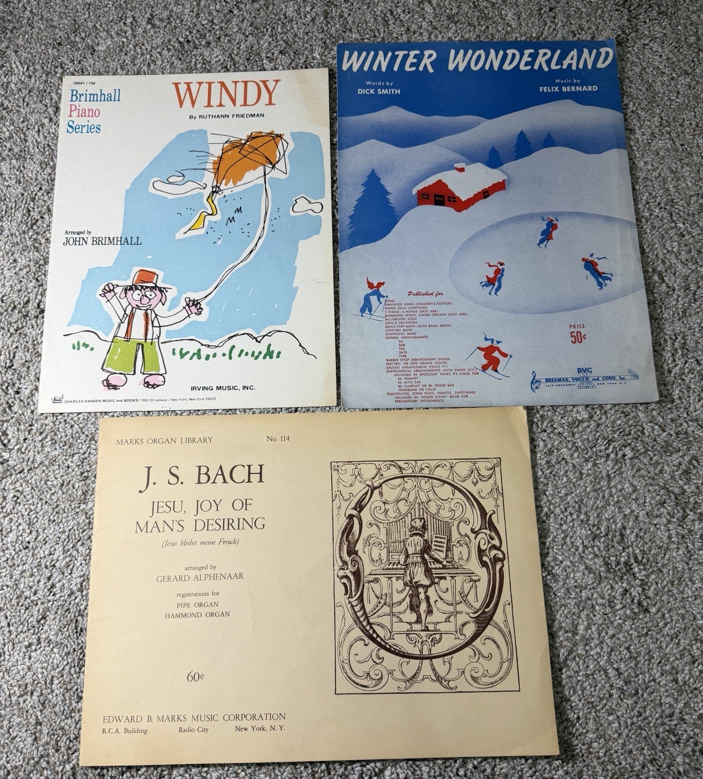 Vintage Piano Sheet Music, 1955 Bach, 1967 Windy, 1953 Winter Wonderland