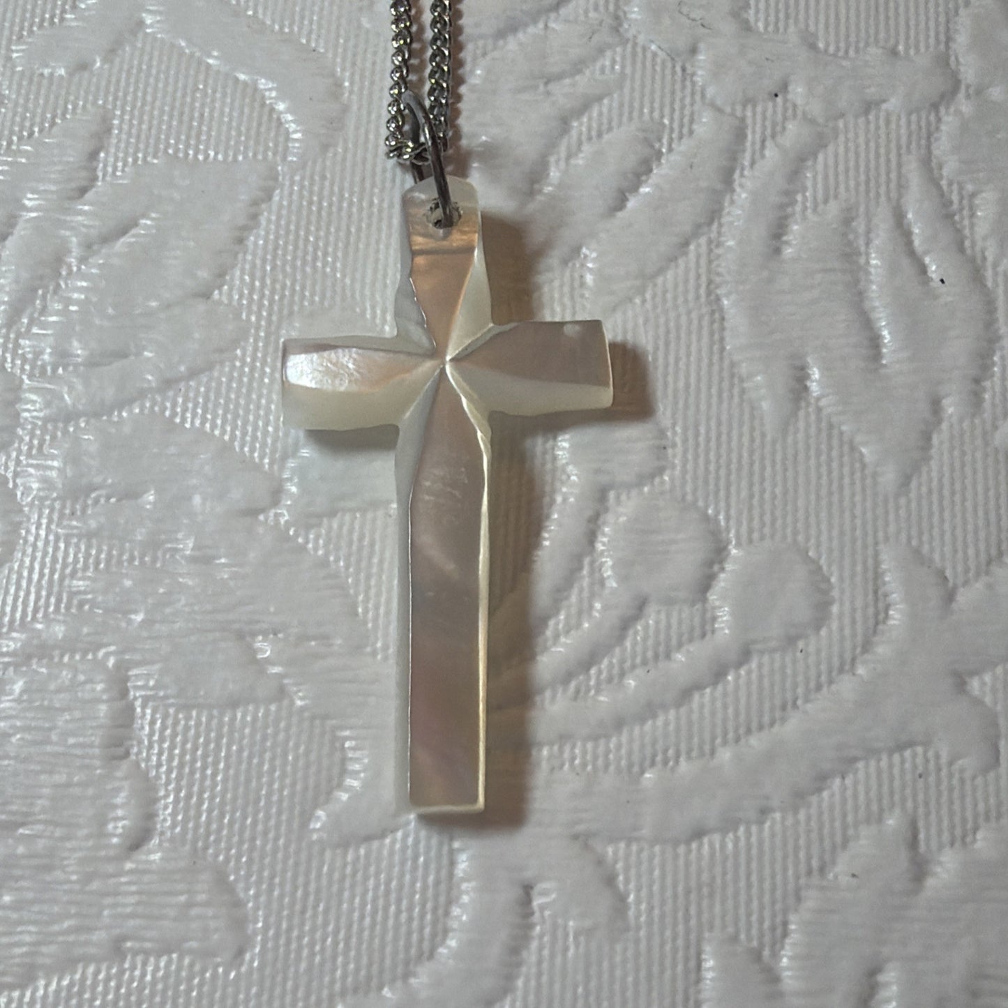 Vintage Carved Mother of Pearl Shell Cross Necklace Silver Tone Chain Minimalist