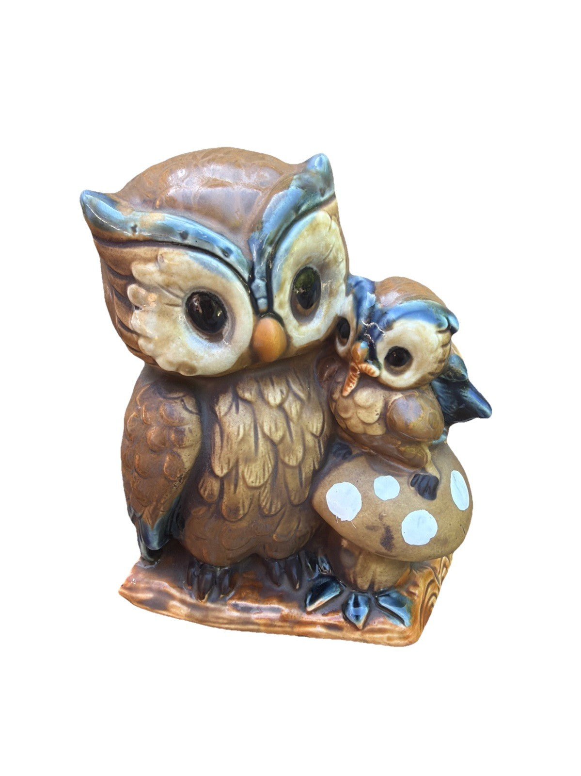 Vintage Rare MCM Owl Mushroom Planter Adult Baby Owls 5" Figurine from Japan