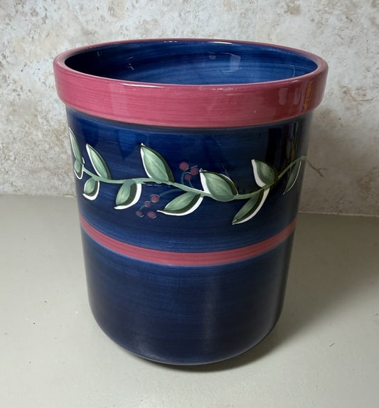 Vintage Ceramic Floral Berry Planter Blue Pink Hand Painted Kitchen Decor 7"