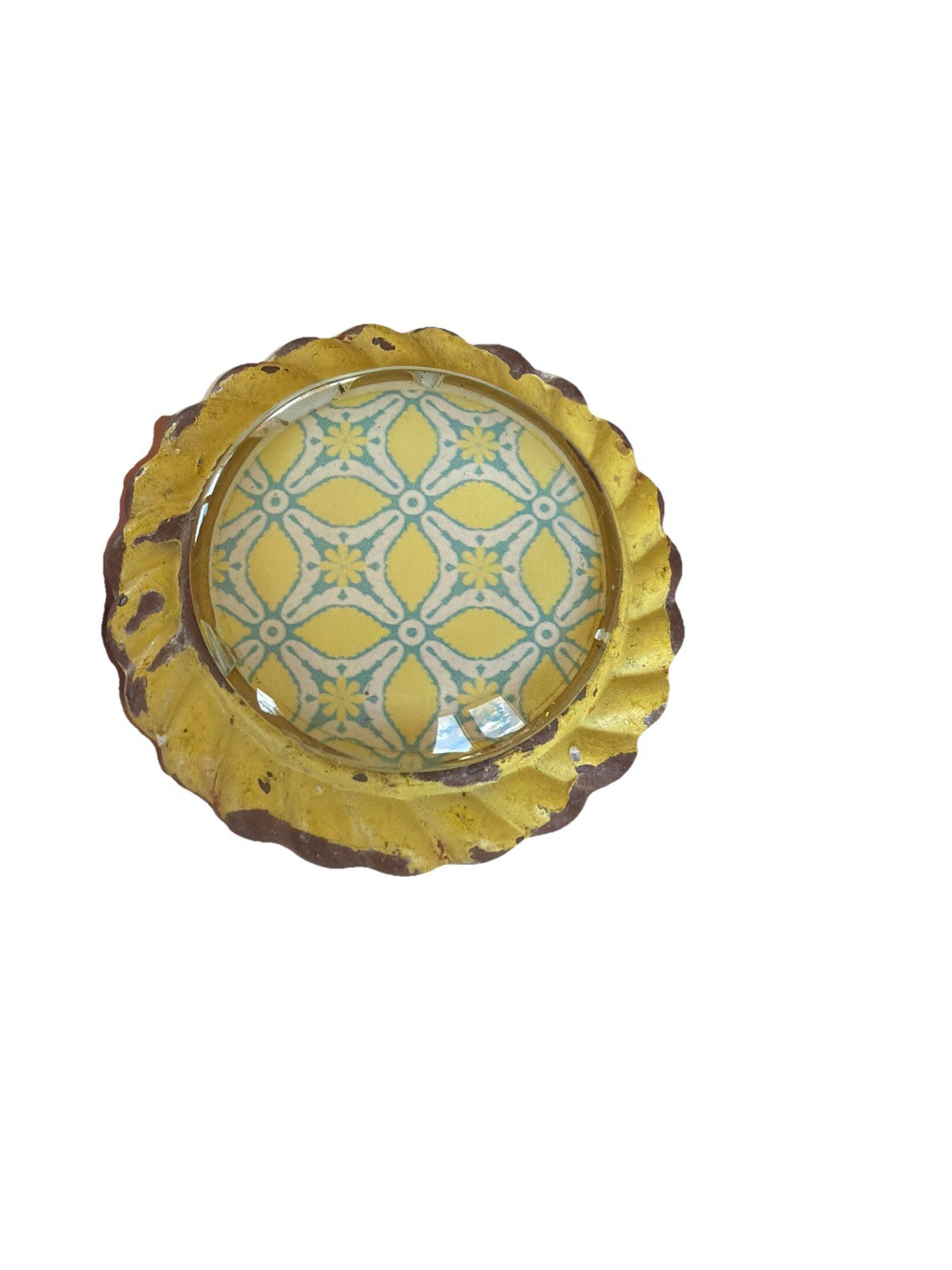 Vintage Metal Drawer Pulls Glass Centers Yellow Blue Shabby Chic Set 2 Hardware