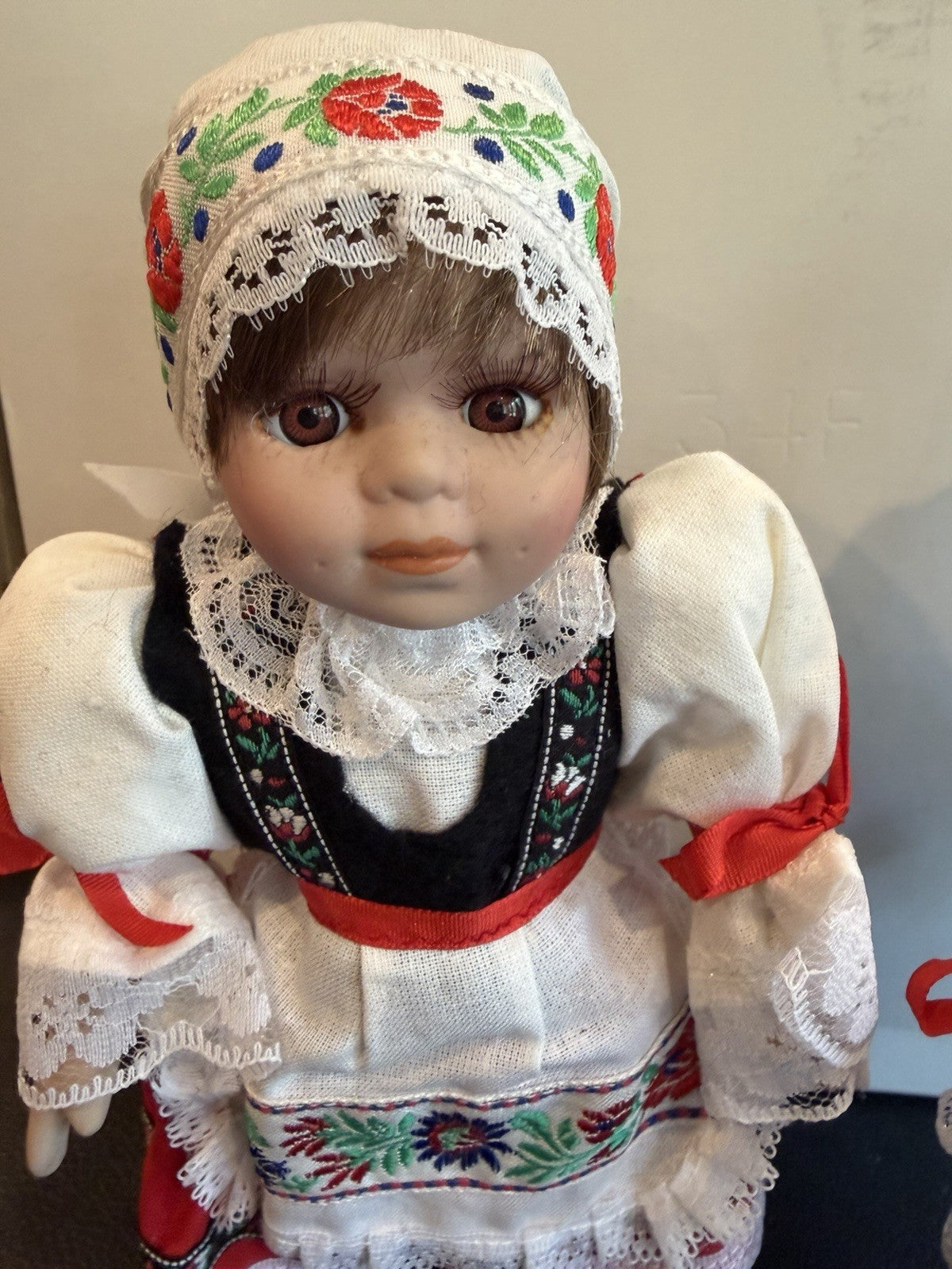 Vintage Porcelain Folk Costume Dolls Lot 2 Braided Hair Stands 8" Traditional