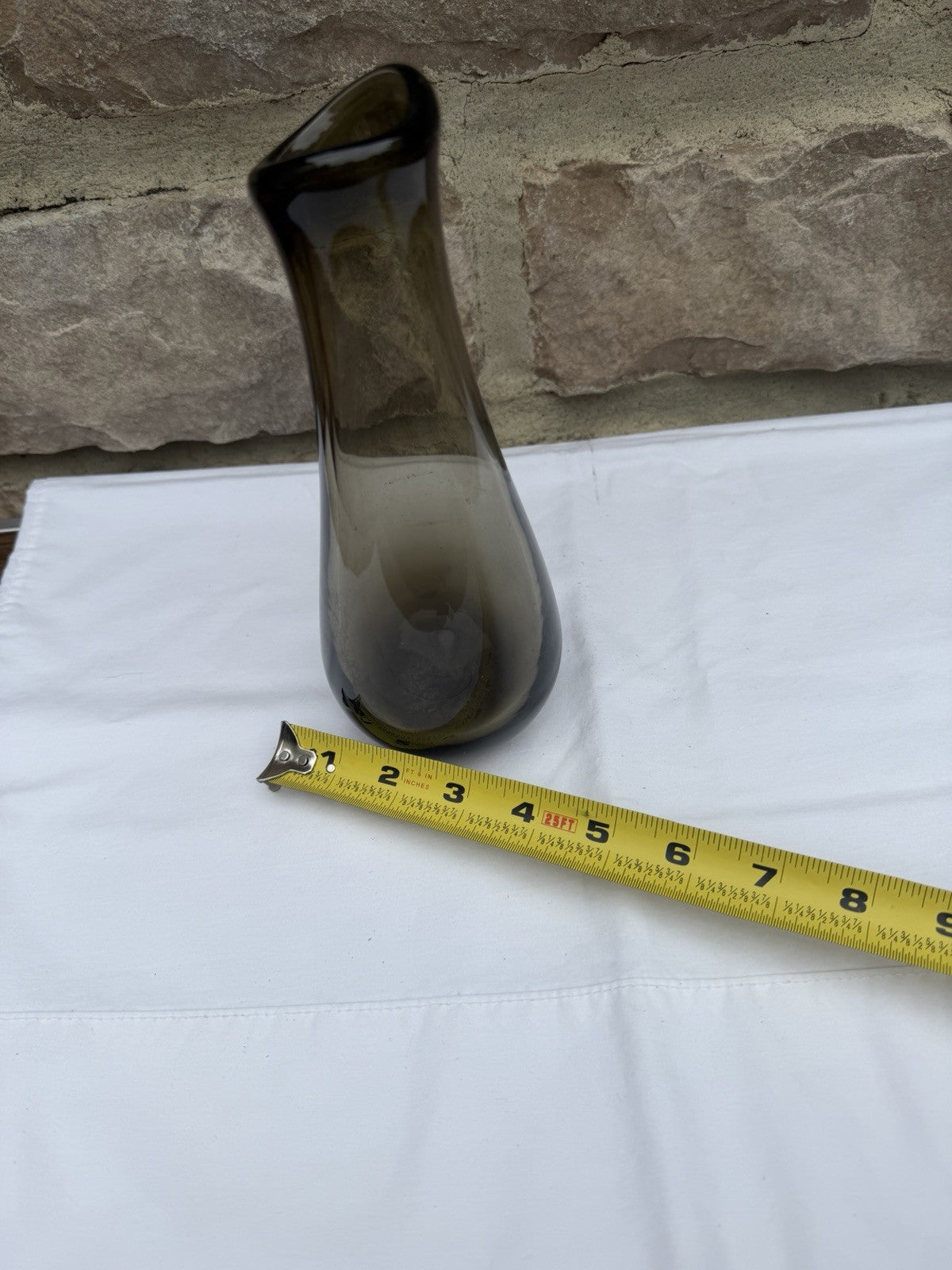 Vintage Mid Century Modern Smoky Brown Glass Bud Vase Angled Rim Bulbous Base