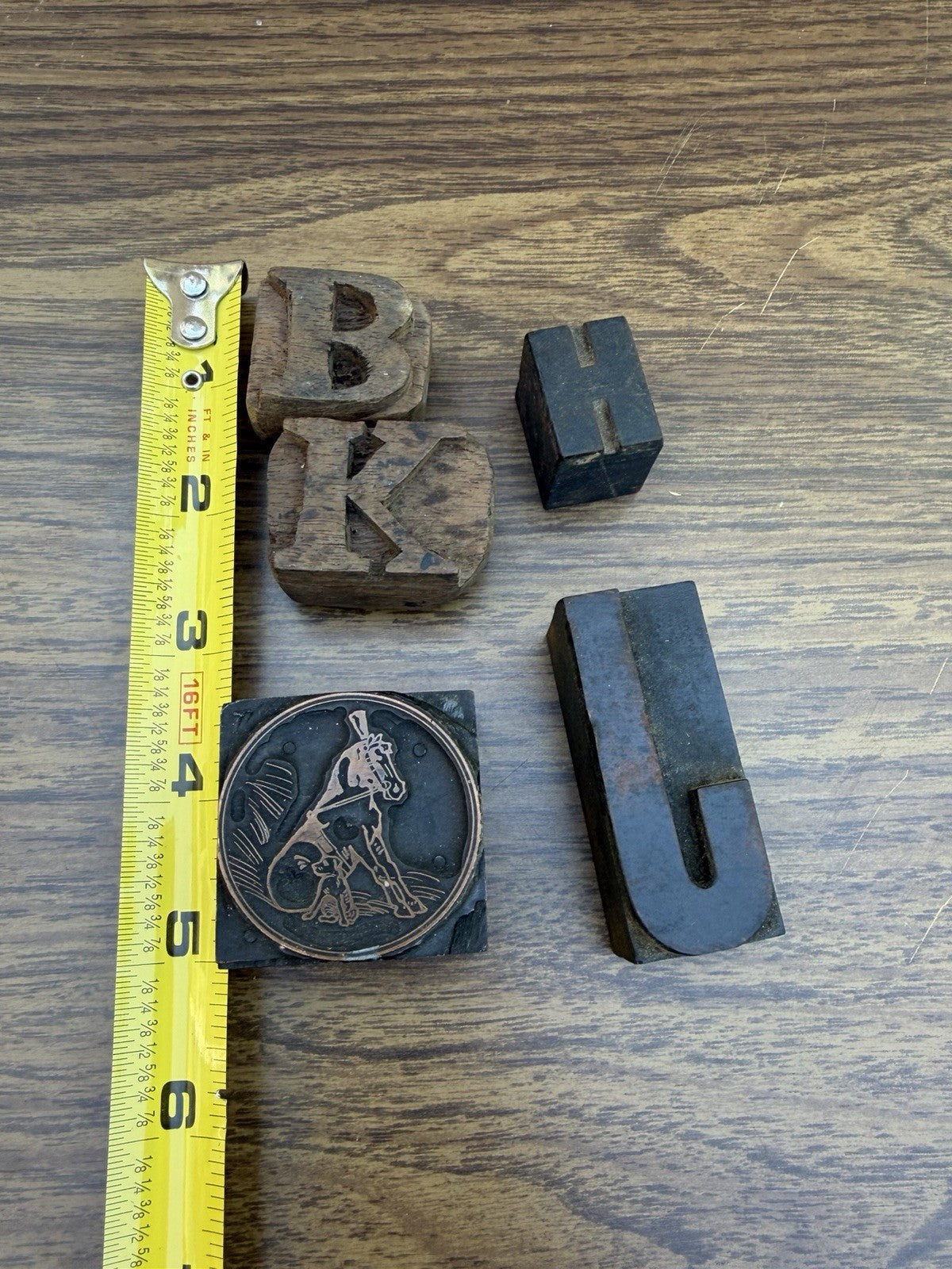 Vintage Lot of Wood Print Block Horse Dog Copper Face and Letter Imprints