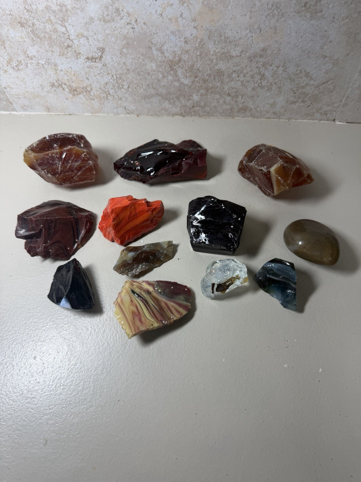 Raw Slag Glass Cullet Chunks Red Amber Yellow Orange Black Stones Lot of 12