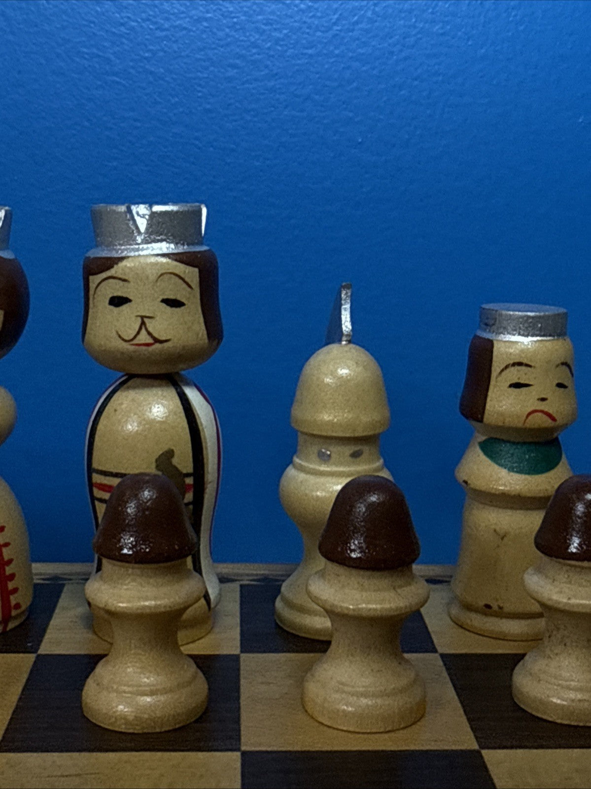 Vintage Japanese Kokeshi Wood Chess Set Hand Painted Pieces Folding Board Boxes