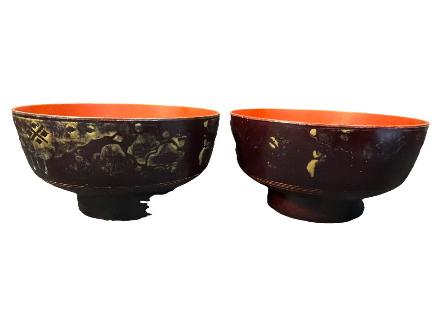 Japanese Lacquer Bowls Set of 2 Black Red Gold Leaves Miso Soup Rice 4.5”