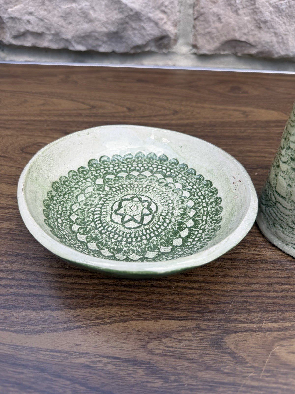 Studio Art Pottery Vase Handled Dish Set Signed WB Lace Imprint Ceramic MCM