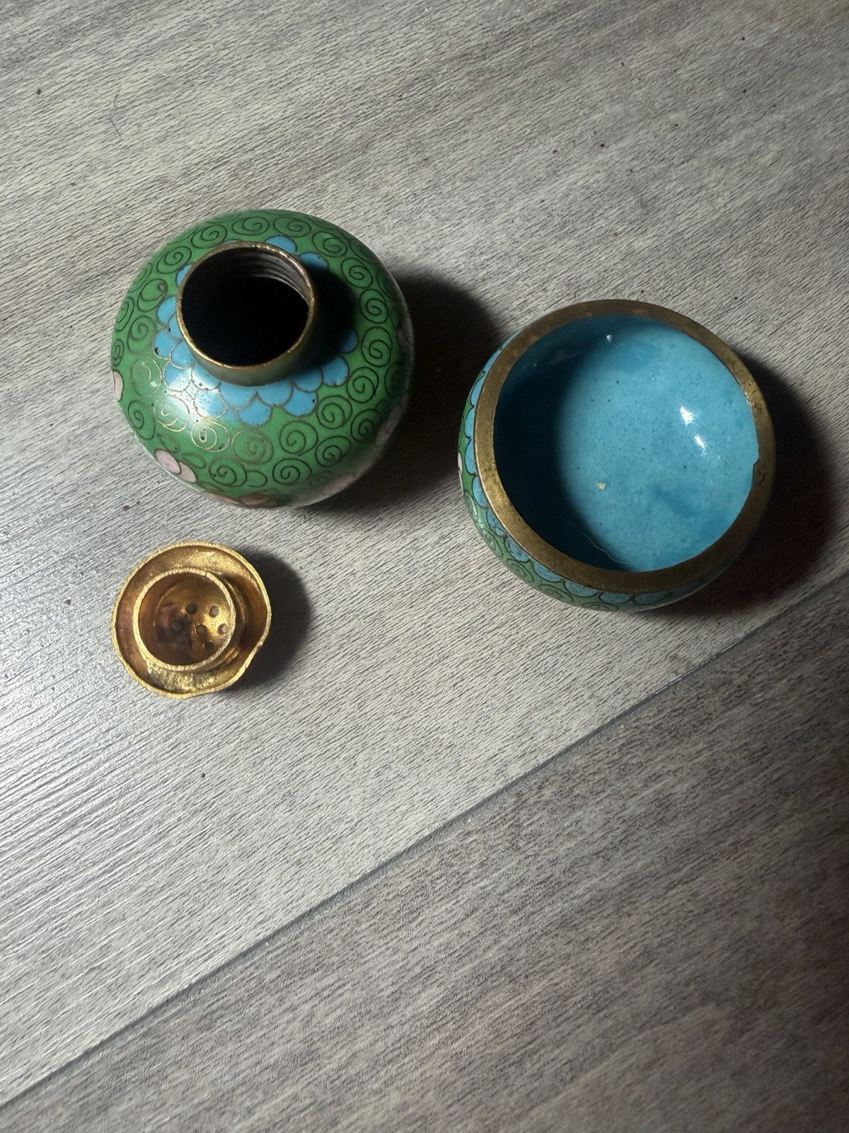 Vintage Cloisonne Salt Pepper Shakers Floral Enamel Green Pink Set