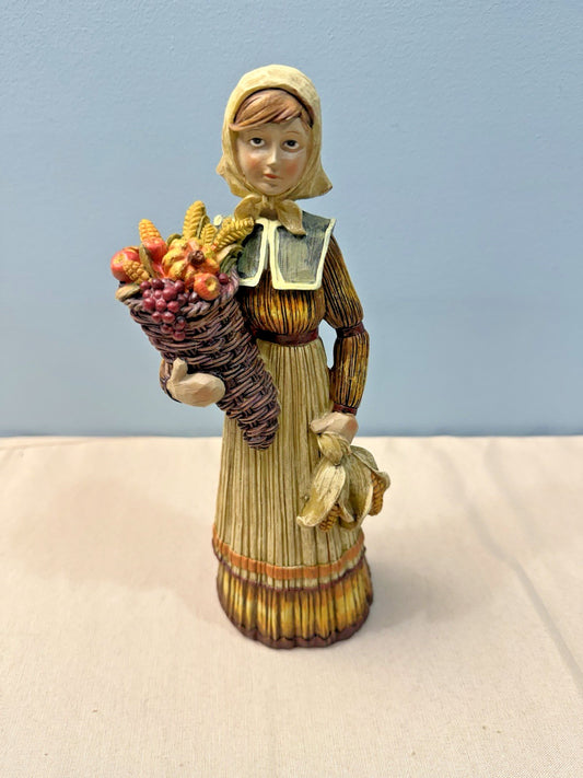 Vintage Thanksgiving Pilgrim Woman Figurine Cornucopia Harvest Resin Fall Decor