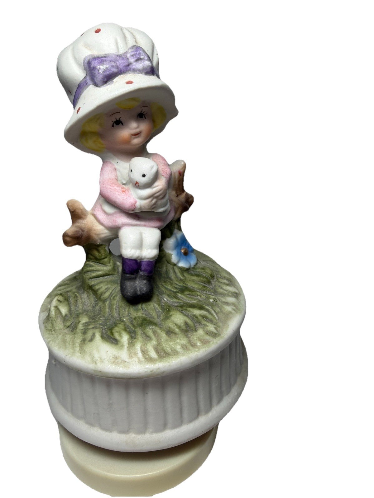 Porcelain Bisque Girl Music Box Cat Figurine Plays Song - Works
