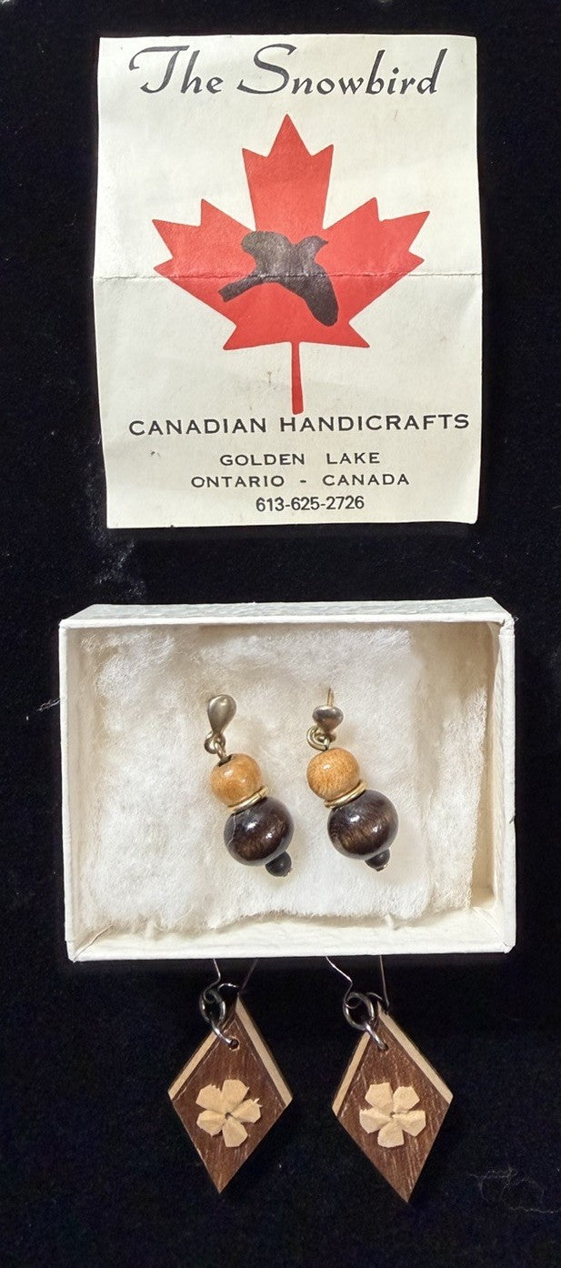 Vintage Canadian Handicrafts Snowbird Wood Bead Drop Earrings Diamond Shape Pair