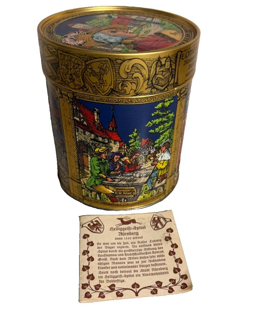 Vintage E Otto Schmidt Nuremberg Lebkuchen Tin 7" with Historical Insert