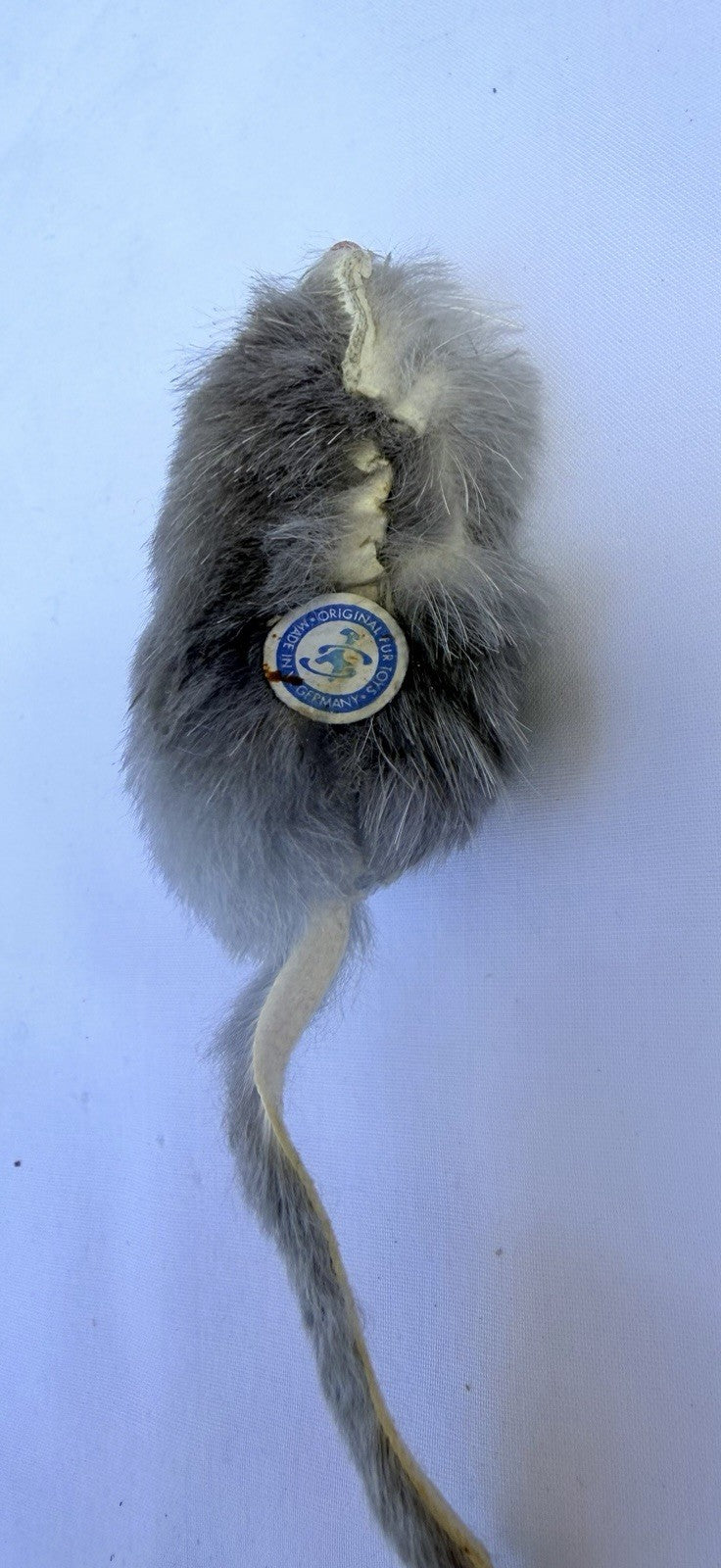 Mid Century Germany Real Fur Mouse Miniature Dollhouse Toy Paper Label Grey
