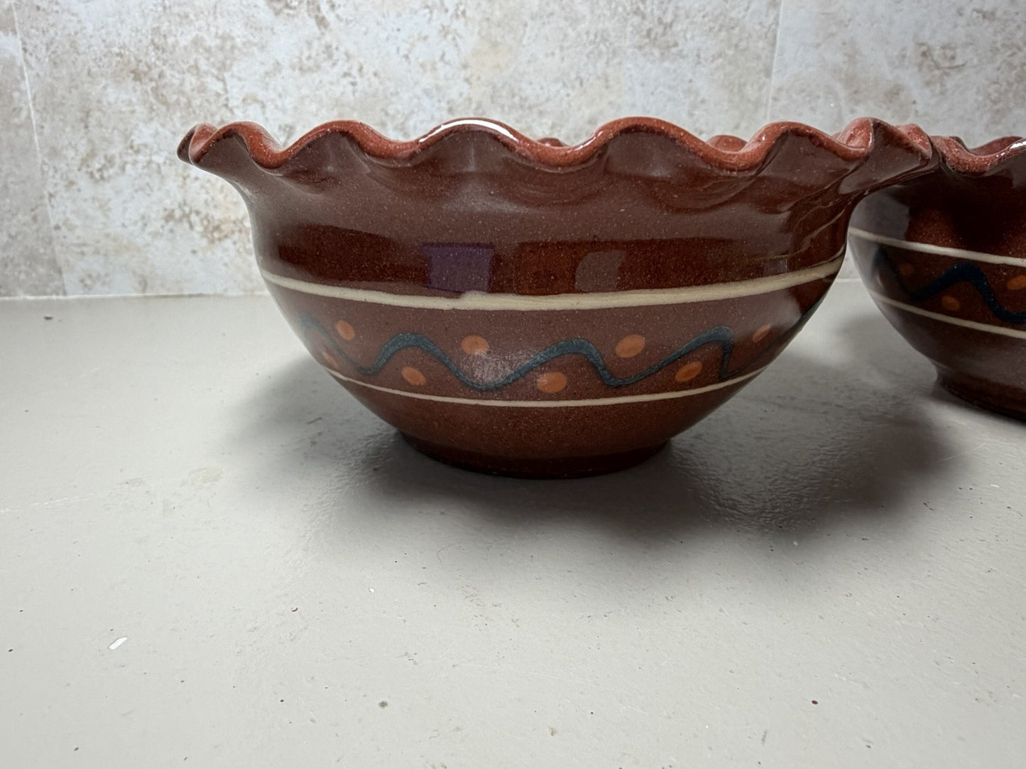 Vintage Mexican Folk Art Pottery Pitcher Salt Bowls Set Blue Brown Hand Painted