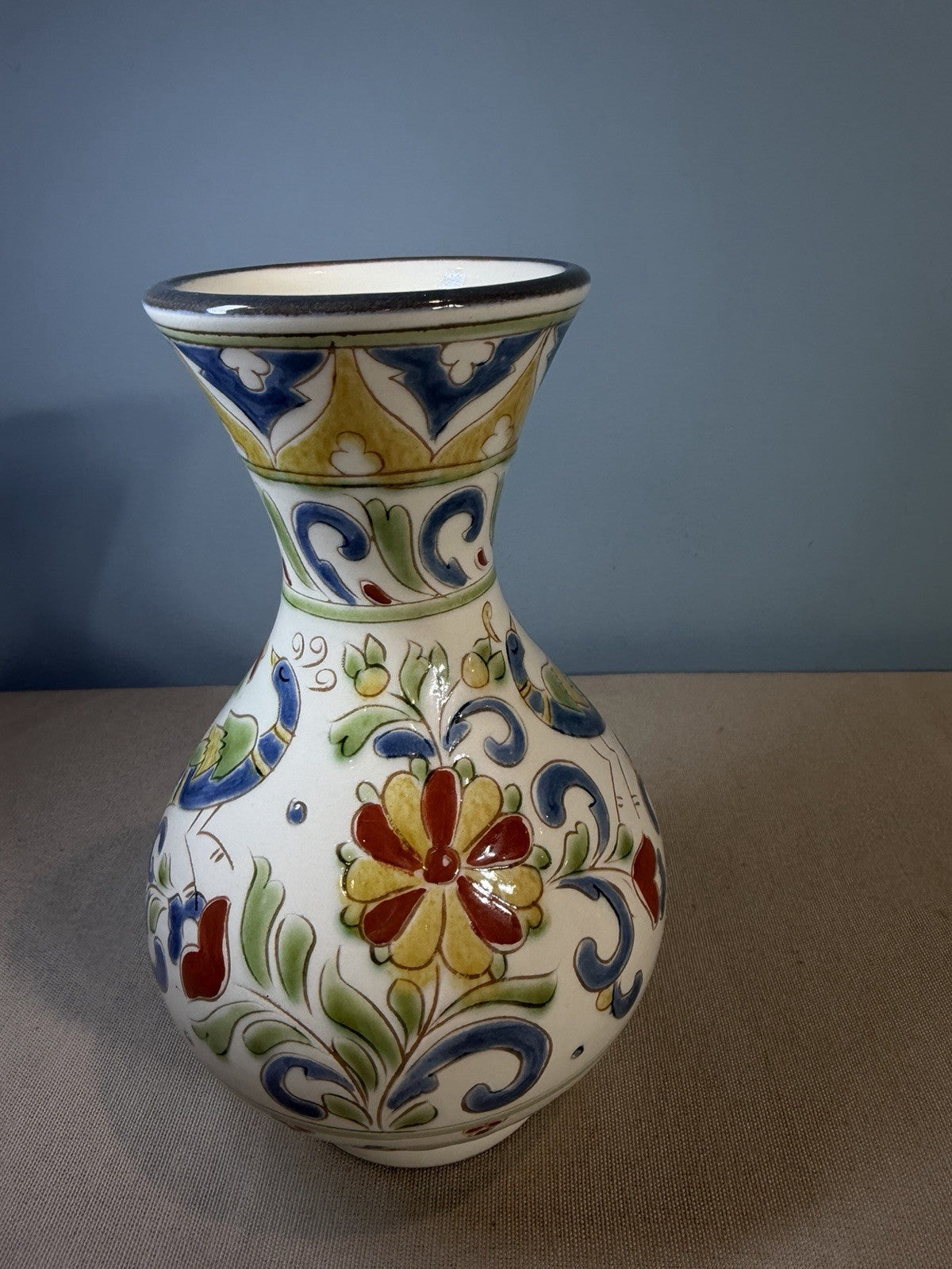 Vintage Talavera Style Hand Painted Ceramic Flower Vase Floral Scroll Folk Art