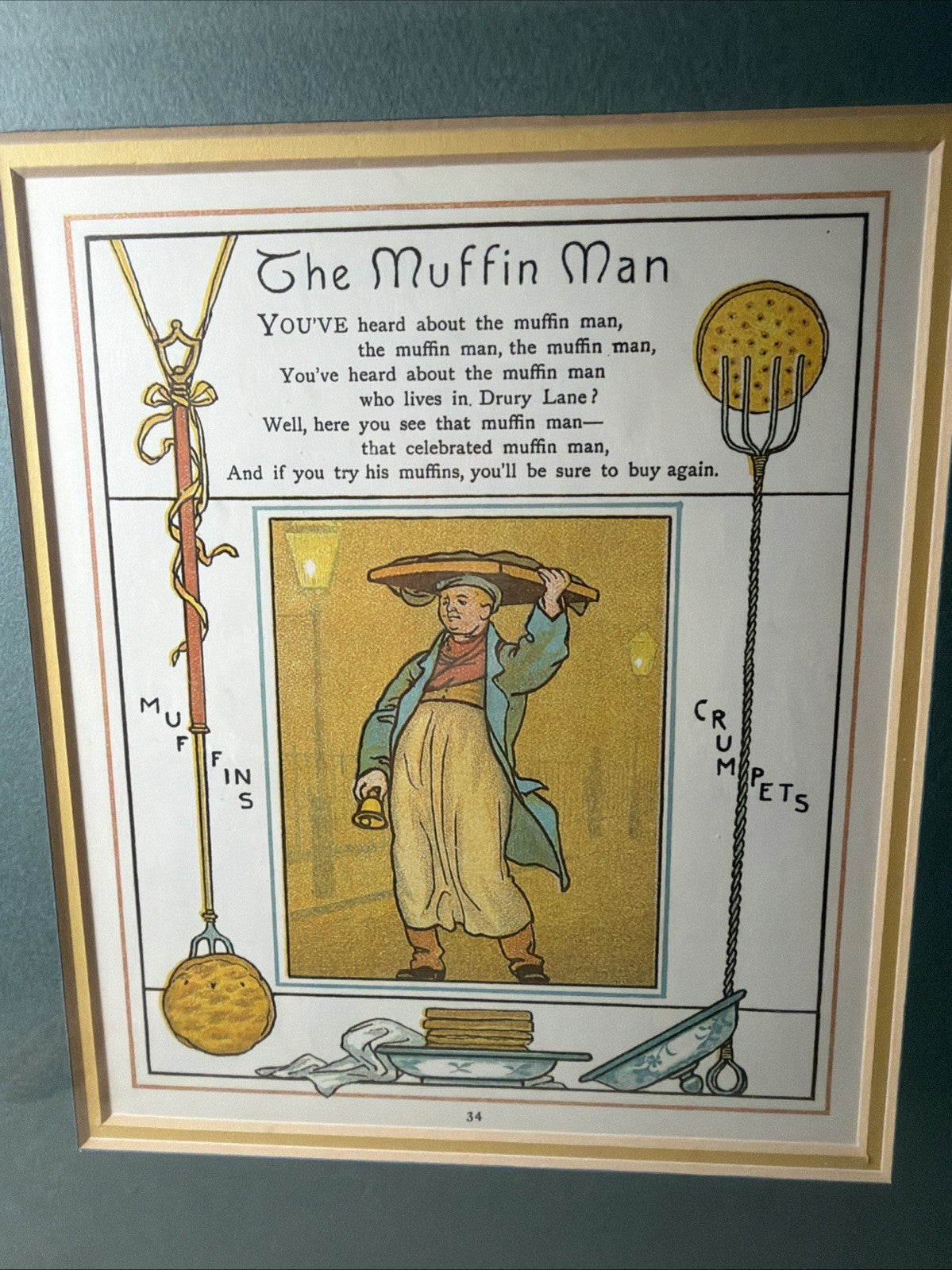 Vintage The Muffin Man Nursery Rhyme Framed Book Page Illustration Wall Art
