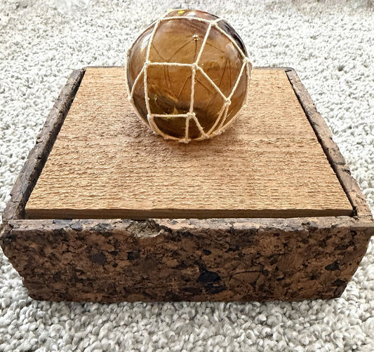 Amber Glass Float on Cork Box, Plus Vintage Hallmark Holly Berry Playing Cards