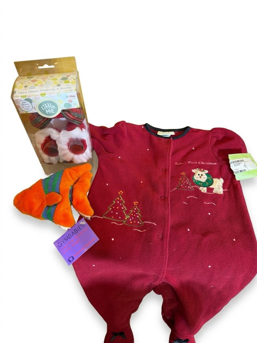 Babys First Christmas Little Me Gymboree Holiday Outfit Headwrap Bean Bag Lot