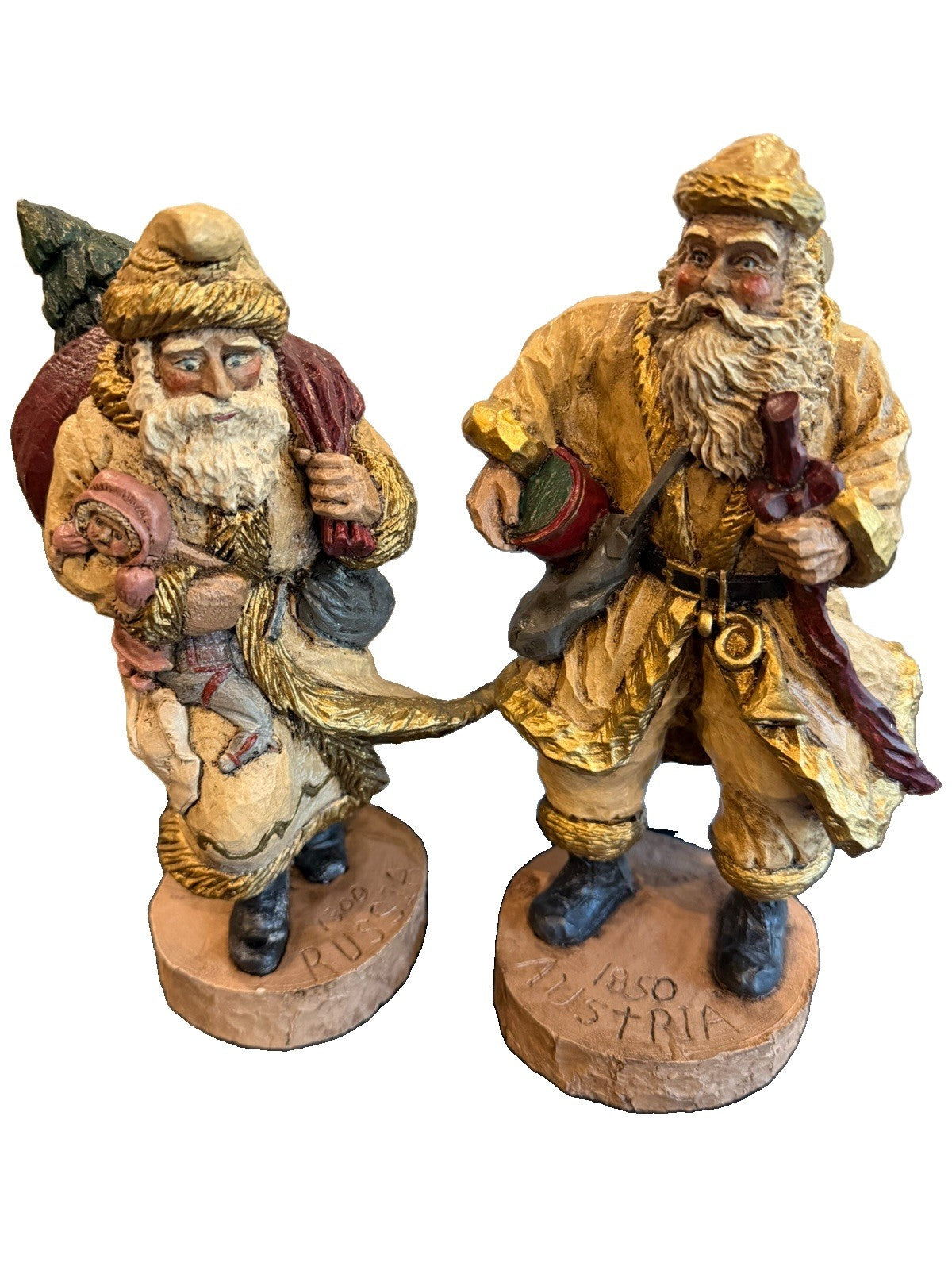 Pair Hand Carved Folk Art Santa Figurines Austrian Russian Style Wooden Figures