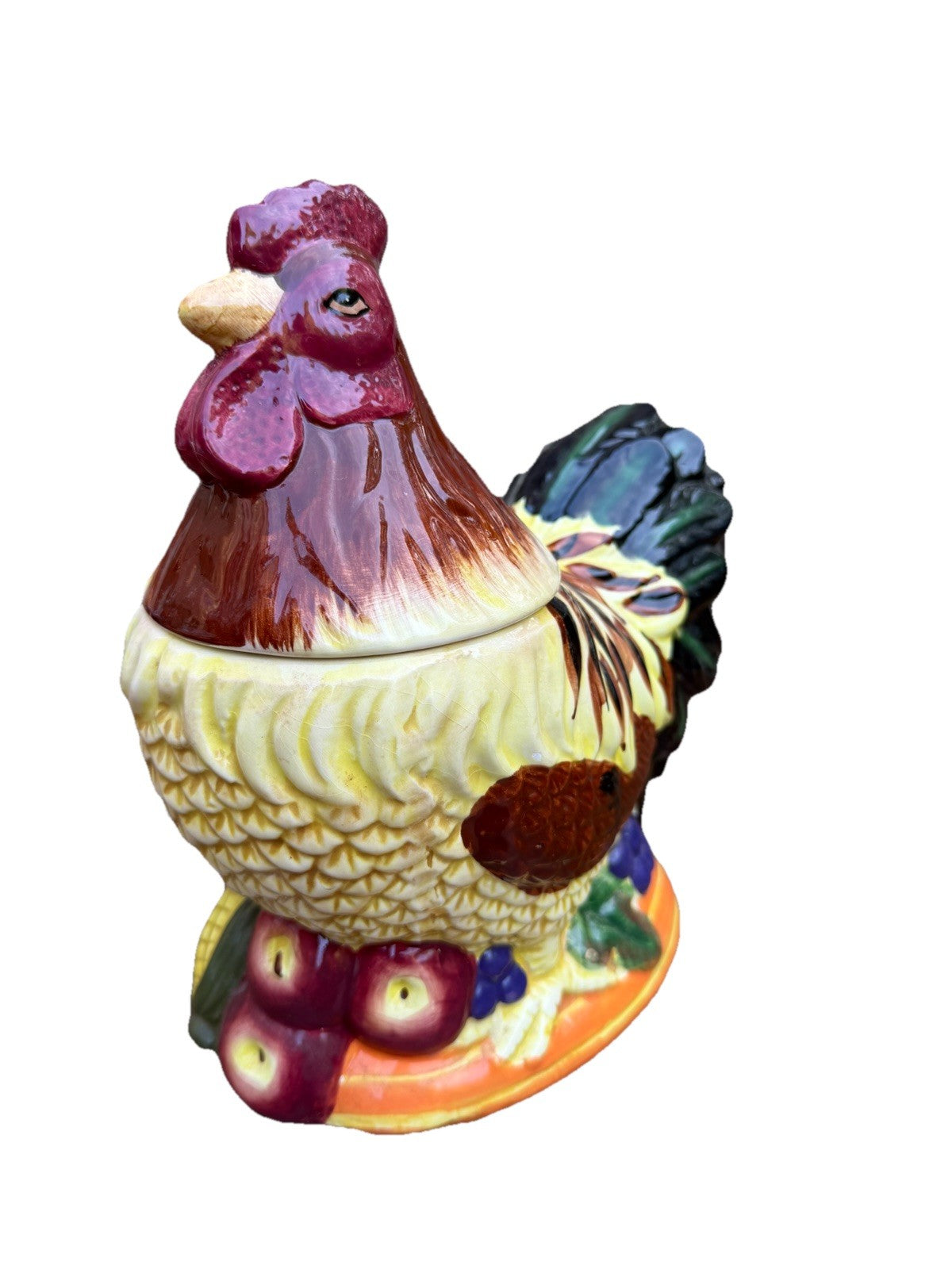 Vintage Rooster Hen Ceramic Cookie Jar Canister Fruit Relief Lid
